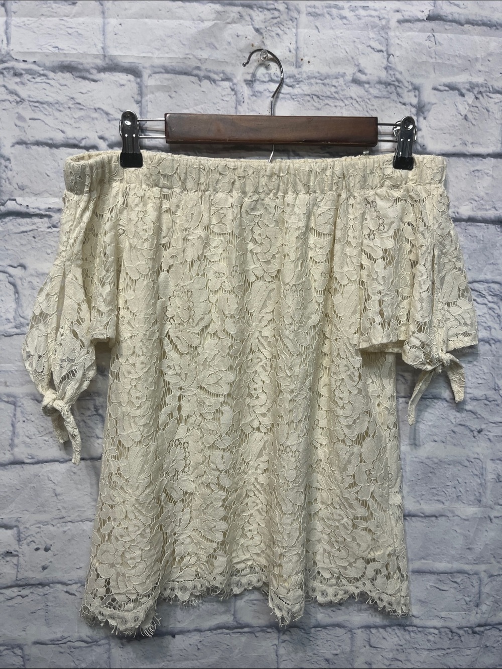 Haute Monde Cream Lace Off-Shoulder Tie Sleeve Top
